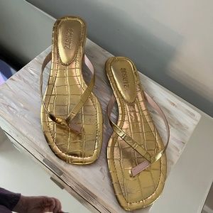 Schutz Gold Crocodile Embossed Leather flat sandals